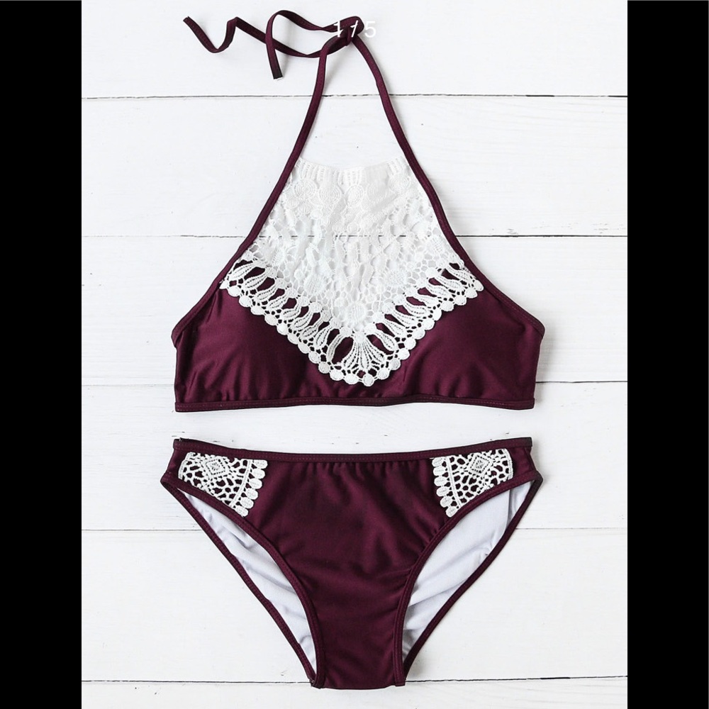 Lace crochet halter top with bikini set